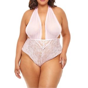 🆕 OH LA LA Cheri Plunging Mesh Bodysuit, color: Pink Tulle. Size: QUEEN